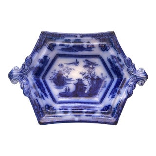 Antique Flow Blue Hexagon Rimmed Pedestal Bowl For Sale