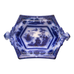 Antique Flow Blue Hexagon Rimmed Pedestal Bowl