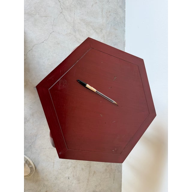 Red Baker Furniture Chinoiserie Style Red Lacquer Hexagonal Side Table For Sale - Image 8 of 12