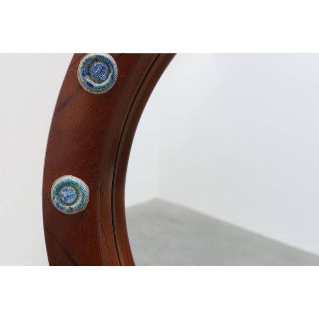 1950s Wooden Round Mirror with Turquoise Ceramic Studs by Deknudt, Belgium, 1960s For Sale - Image 5 of 12