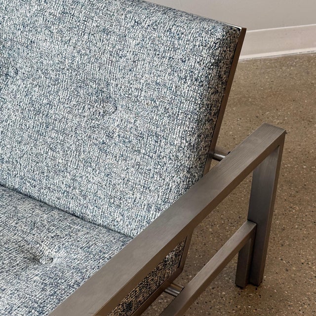 c. 2000s. USA. Reupholstered in blue/green/white chenille. Aluminum frame.