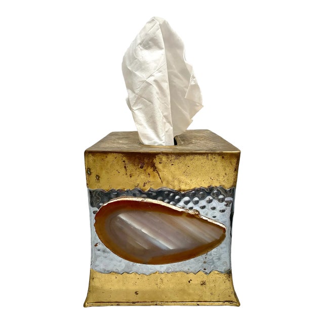 Vintage Hammered Brass Tissue Box Cover With Brazilian Agate Stone For Sale