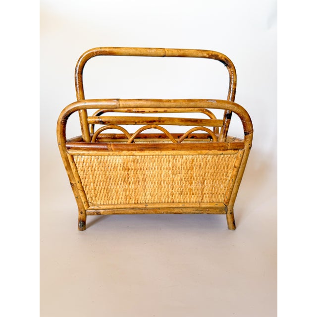 1960s Burnt Bamboo Rattan Magazine Record Rack in the Italian Style of Franco Albini For Sale In Dallas - Image 6 of 12