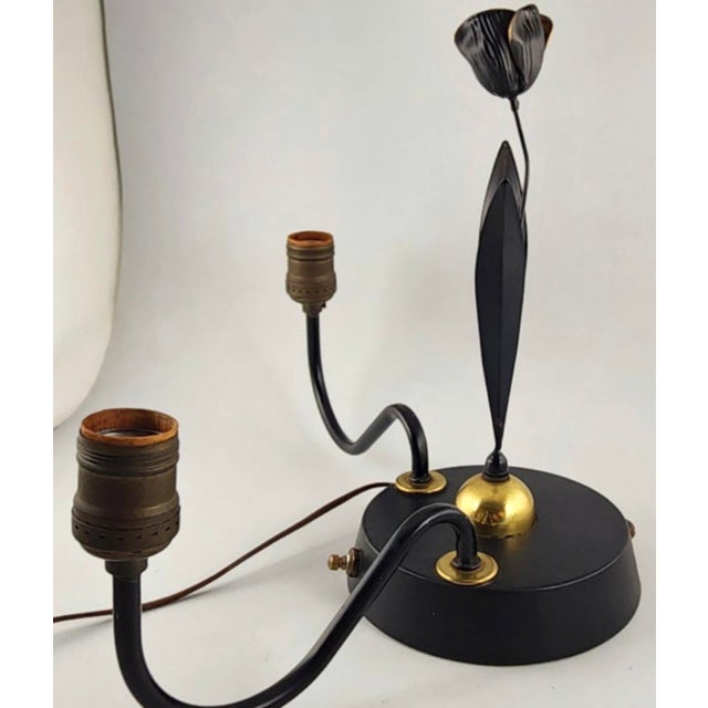Black Mid Century Brass Desk Lamp in Black Finish - Center Tulip Flower Motif For Sale - Image 8 of 12