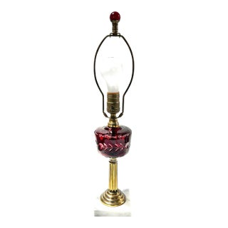 Antique Bohemian Ruby Red Cut Etched Crystal Lamp For Sale