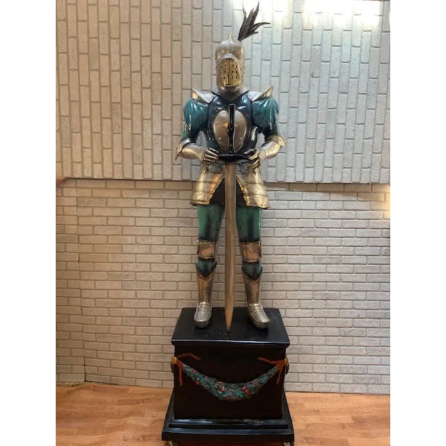 Gothic Vintage Life-Size Medieval Bronze Knight Statues on Rolling Mounted Bases – Pair For Sale - Image 3 of 6