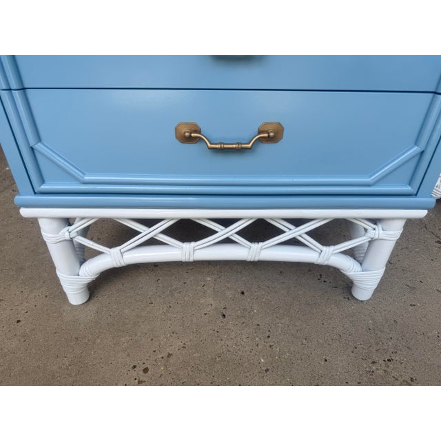 Wood Chic Vintage Palm Beach Regency Ficks Reed Attributed Faux Bamboo Rattan Nightstands - Newly Painted French Blue With White Lattice Base - A Pair For Sale - Image 7 of 11