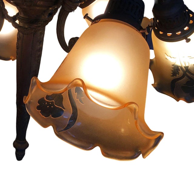 1900s Louis XVI Style Scrolling Bronze Belle Époque Six-Light Chandelier W/ Shades For Sale - Image 13 of 15