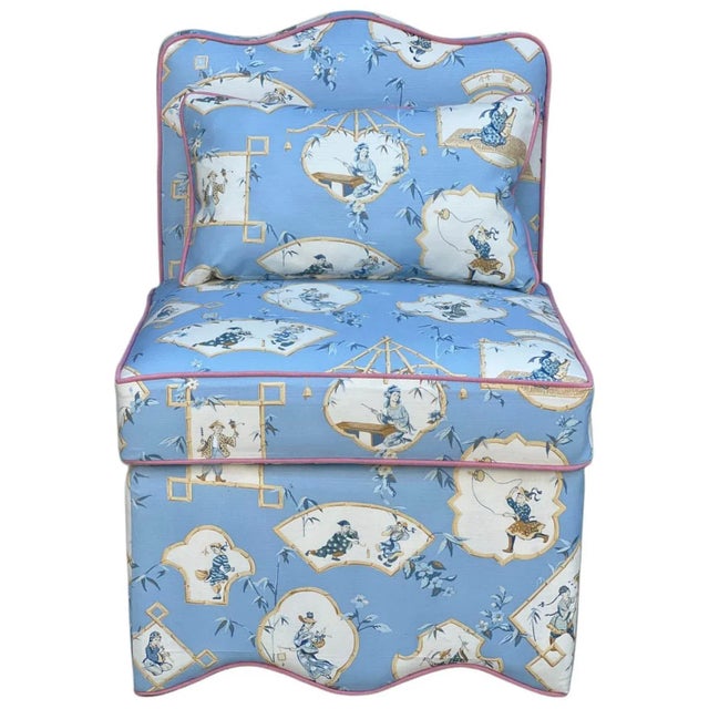 Textile Pair Linen Scalloped Slipper Chairs in House of Scalamandre For Sale - Image 7 of 16