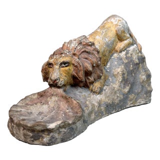 Stone Lion Sculpture with Shell, 1800s, Paint and Stone For Sale