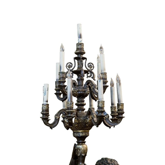 French Monumental Pair of French Napoleon III Style Bronze Patinated 13-Light Figural Torchières, 91” For Sale - Image 3 of 10