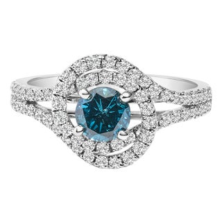14K White Gold 1-1/3 Cttw White & Blue Diamond Interweaving Double Halo Cocktail Statement Ring (G-H and Fancy Blue Color, SI2-I1 Clarity) - Size 6 For Sale