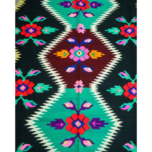 Rustic Vintage Romanian-Moldovan Handwoven Wool Rug with Geometric Diamond Folk Pattern and Fringe, 1970s For Sale - Image 3 of 10
