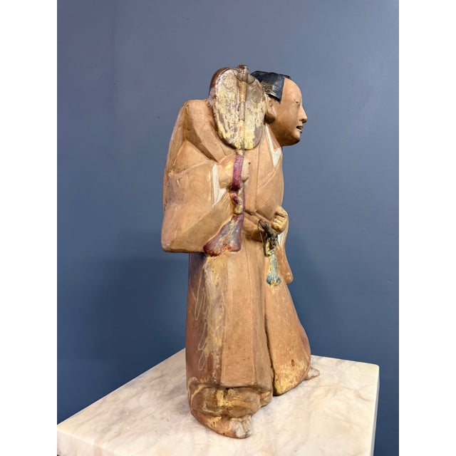 Japanese Early 19th Century Edo Period Japanese Polychrome Ceramic Samurai Figure W/ Fan For Sale - Image 3 of 11