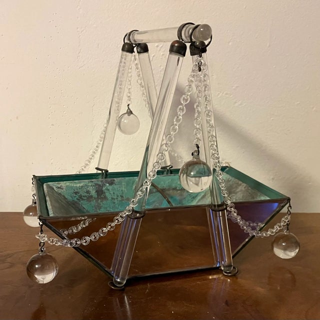 Antique Art Deco Crystal and Tole Orchid Flower Cache Pot With Glass Chains and Mirrored Sides, Copper Liner Circa 1920 For Sale - Image 4 of 12