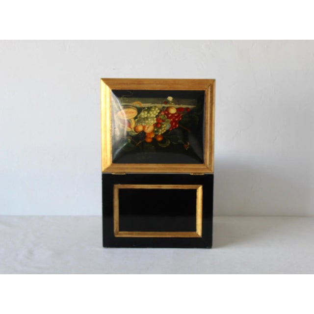 Chinoiserie Lacquered Wood Gold Finish Lidded Box Fruit Still Life Decal Detail Vintage Mid Century For Sale - Image 4 of 11