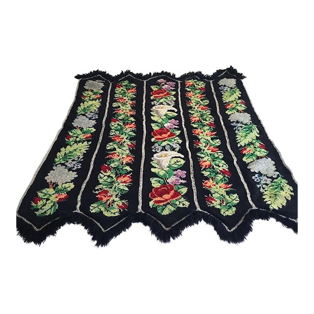 Mid-Century Hand-Embroidered Floral Cross-Stitch Afghan Throw Blanket - 66" X 56" For Sale