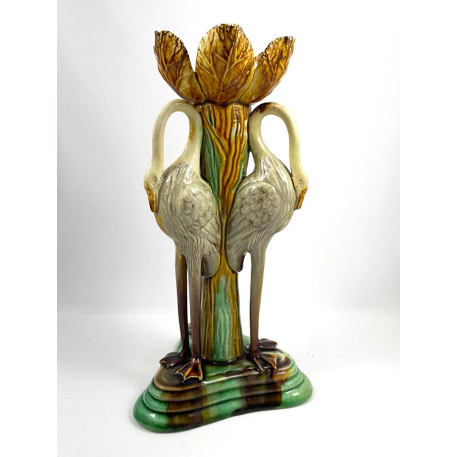 Late 19th Century Antique Late 19th Century Portuguese Manuel Mafra Majolica Candlestick, Storks With Ochre Leaves & Green Base For Sale - Image 5 of 9