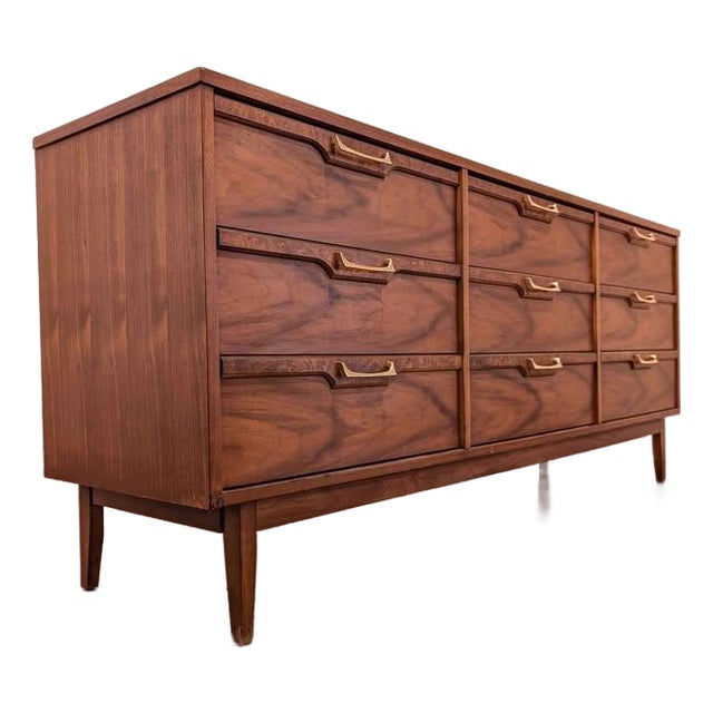1970s American Walnut 9 Drawer Lowboy Dresser by Broyhill Lenoir For Sale