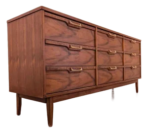 1970s American Walnut 9 Drawer Lowboy Dresser by Broyhill Lenoir