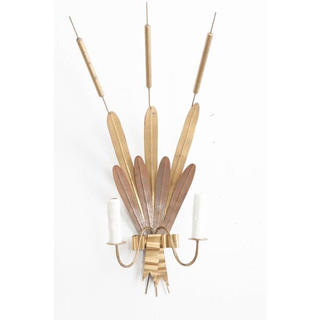 French Vintage Gilt-Metal “Cattail” Sconces - a Pair For Sale - Image 4 of 11