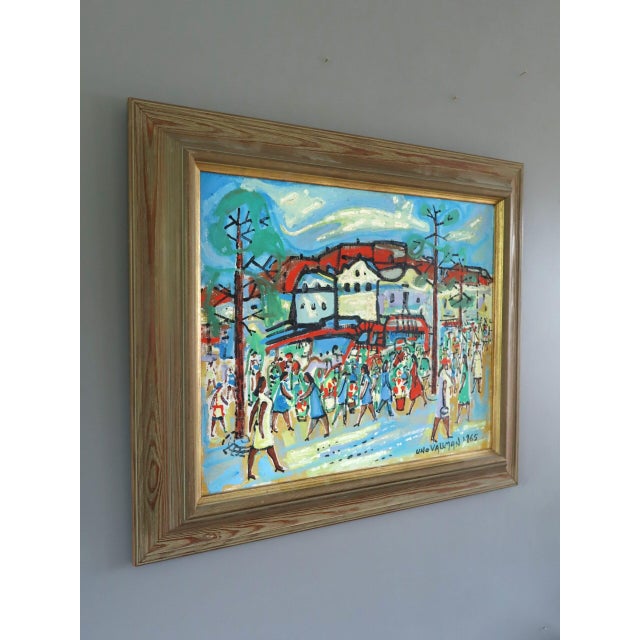 1965 Mid-Century Modern 'The Joyful Passage' Vintage Original Swedish Street Scene Oil Painting, Framed For Sale - Image 4 of 13