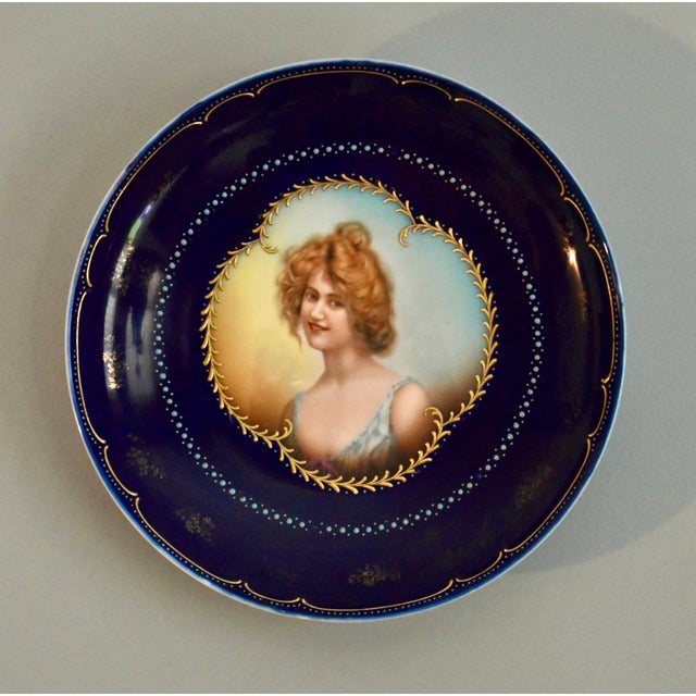 Antique Vienna Style Cobalt Blue Porcelain Cabinet Portrait Plate Hand Painted For Sale - Image 4 of 13