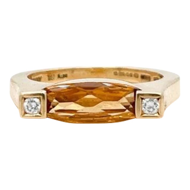 Vintage Signed Asprey 18 Karat Gold, Citrine & Diamond Modernist Cocktail Ring Size 6.75 For Sale