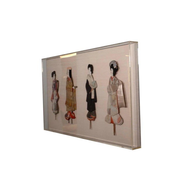 Japanese Antique Japanese Silk Brocade Oshie Art Geisha Puppet Dolls in Shadow Box Frame For Sale - Image 3 of 12