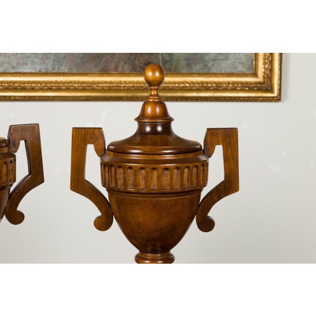 Brown Pair of Midcentury English Carved Walnut Lidded Urns with Large Handles For Sale - Image 8 of 11