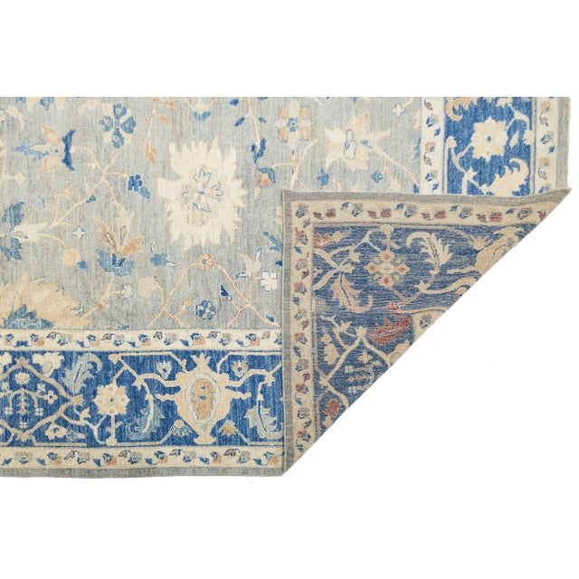 Modern Oushak Style Hand-Knotted Wool Rug - Slate Blue & Cream Floral For Sale - Image 4 of 11