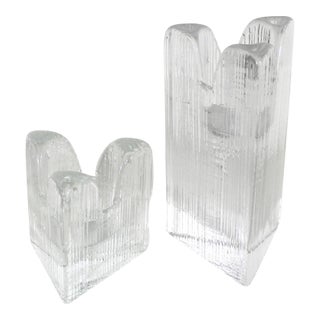 Pair of Kosta Boda Sweden “Skyline” Fluted Triangular Art Glass Crystal Candleholders Designed by Anna Ehrner For Sale