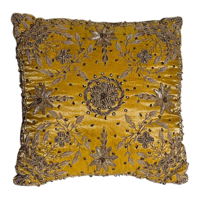 Vintage Marakesh Gold Thread Embroidered Pillow For Sale