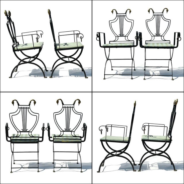 Fabulous pair of folding garden armchairs by Samuel Copelon. These are 1930s vintage. Super ornate iron chairs of...