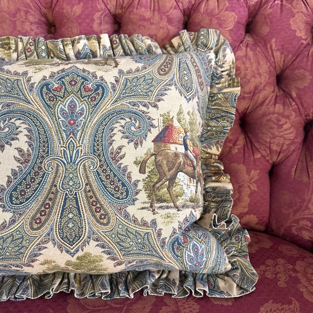 Textile Large Equestrian Toile Down Filled Pillow For Sale - Image 7 of 7