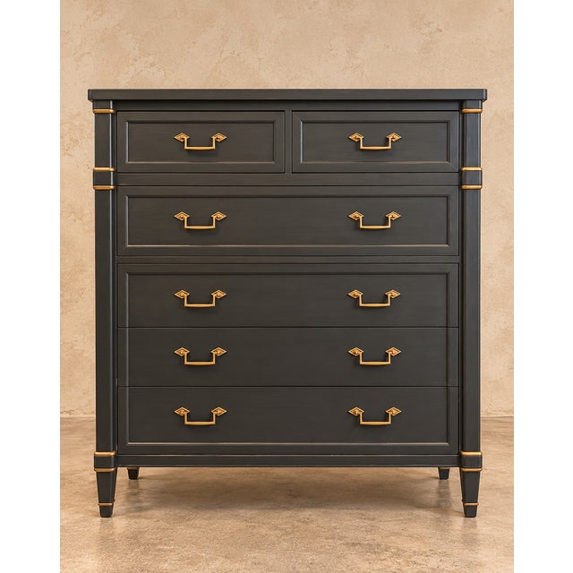 Wood Vintage “By Drexel” Solid Wood Highboy Dresser | Charcoal Blue & Gold For Sale - Image 7 of 8