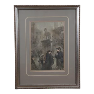 1870s Antique Scene in Leicester Square London Hand Colored Engraving Framed 20"