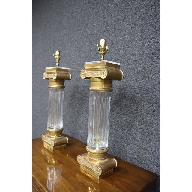 Metal Neoclassical Style Pair of Design Guild Brass & Glass Column Lamps For Sale - Image 7 of 16