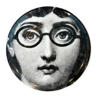 1950s Piero Fornasetti Decorative Plate Featuring the Head of Italian Opera Singer Lina Cavalieri Wearing Heavy Black Glasses For Sale