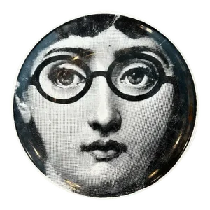 1950s Piero Fornasetti Decorative Plate Featuring the Head of Italian Opera Singer Lina Cavalieri Wearing Heavy Black Glasses