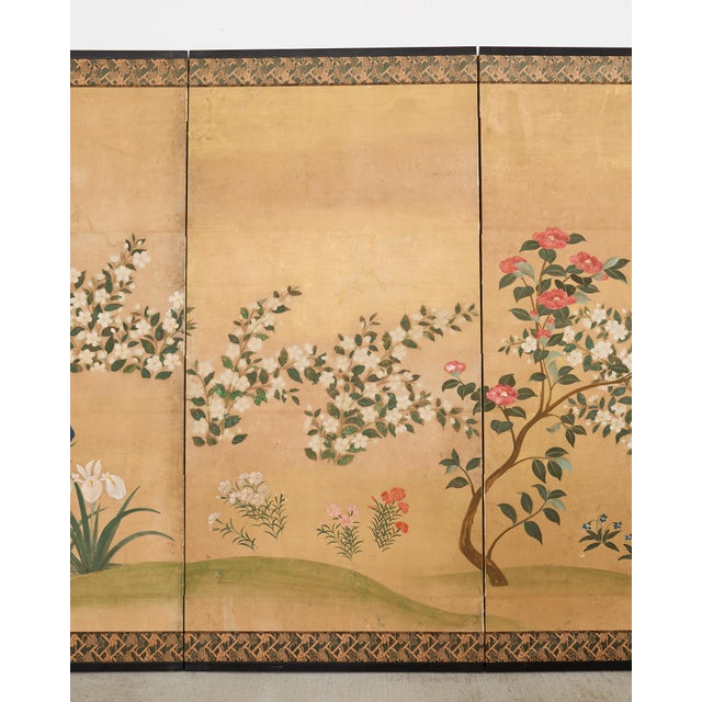 Japanese Showa Four Panel Screen Spring Flowers on Gilt For Sale - Image 4 of 12