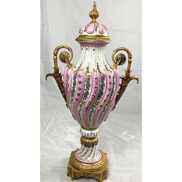 20th Century Ormolu & Pink Sevres Porcelain Vases with Lids, Set of 2 For Sale - Image 9 of 11