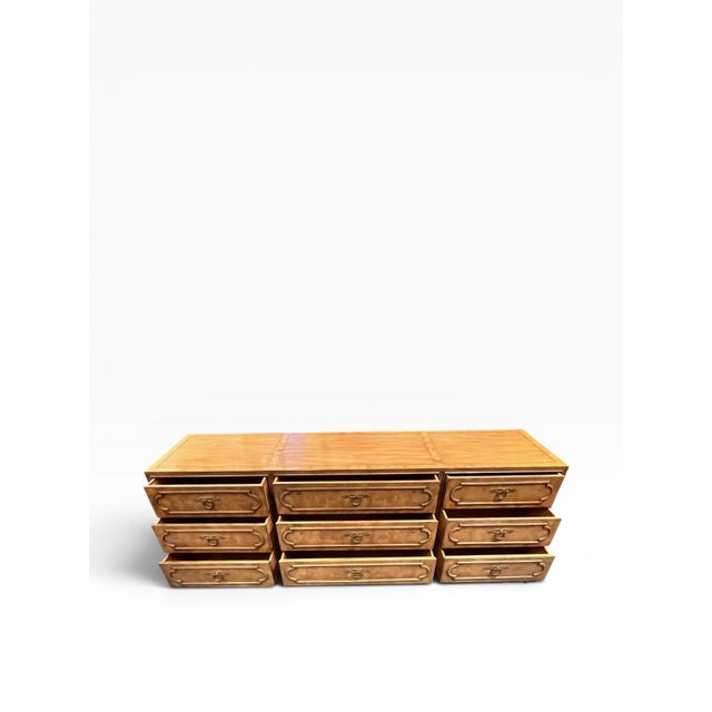 1970s Mastercraft Burlwood 9-Drawer Dresser W/ Brass Ring Pulls For Sale In Boston - Image 6 of 14