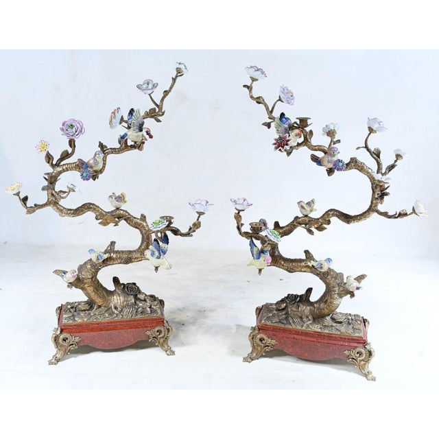You are viewing a pretty pair of highly decorative French bronze branches with porcelain birds and flowers. Good size at...