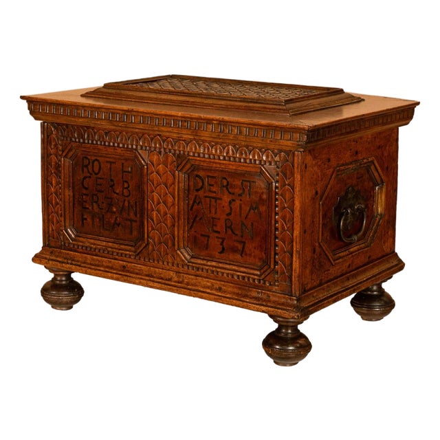 Antique Carved Walnut & Iron Coffer Chest Strong Guild Box Simmern Germany 1737 For Sale