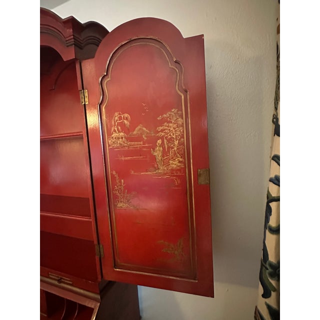 Wood Vintage Red Chinoiserie Secretary Desk With Hand-Painted Gilt Asian Landscapes & Double Bonnet Top For Sale - Image 7 of 15