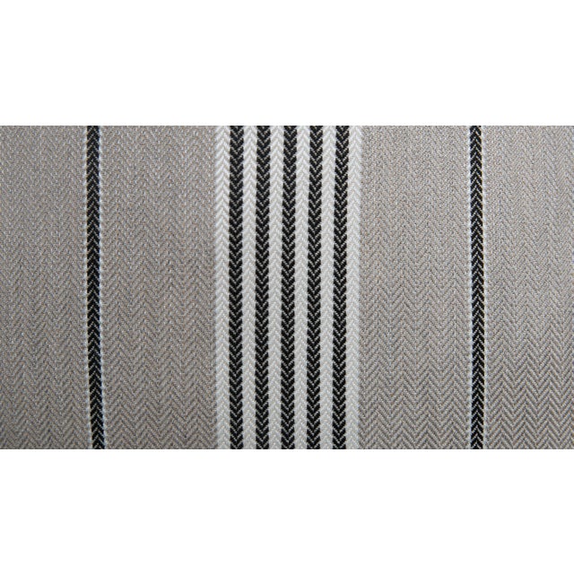 Pair of custom linen and cotton ticking stripe pattern pillow covers. Patterns on fronts, solid coordinating beige linen...