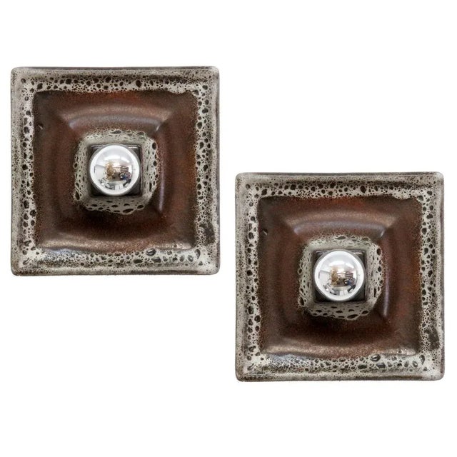 Great multi-tone square German ceramic wall sconces from the 1960s. Single bulb wall lights/flush mounts shown with a...