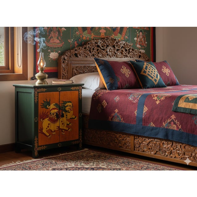 Green Tibetan Style Green Ochre Two Snowlions End Table Nightstand For Sale - Image 8 of 15