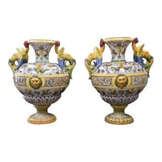 Pair of Large Antique Italian Majolica Urns For Sale
